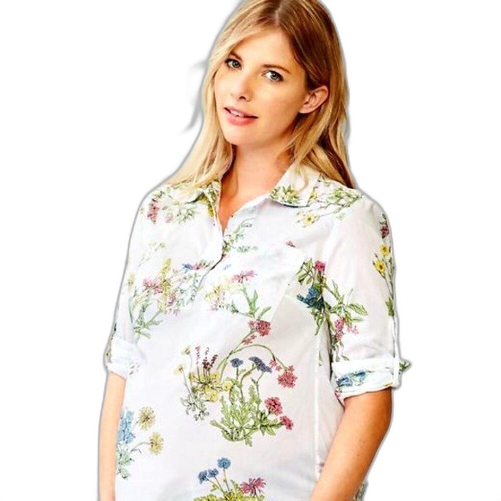 Gap Maternity White Floral Prints Roll-Sleeve Popover Button Shirt Cotton Top XS